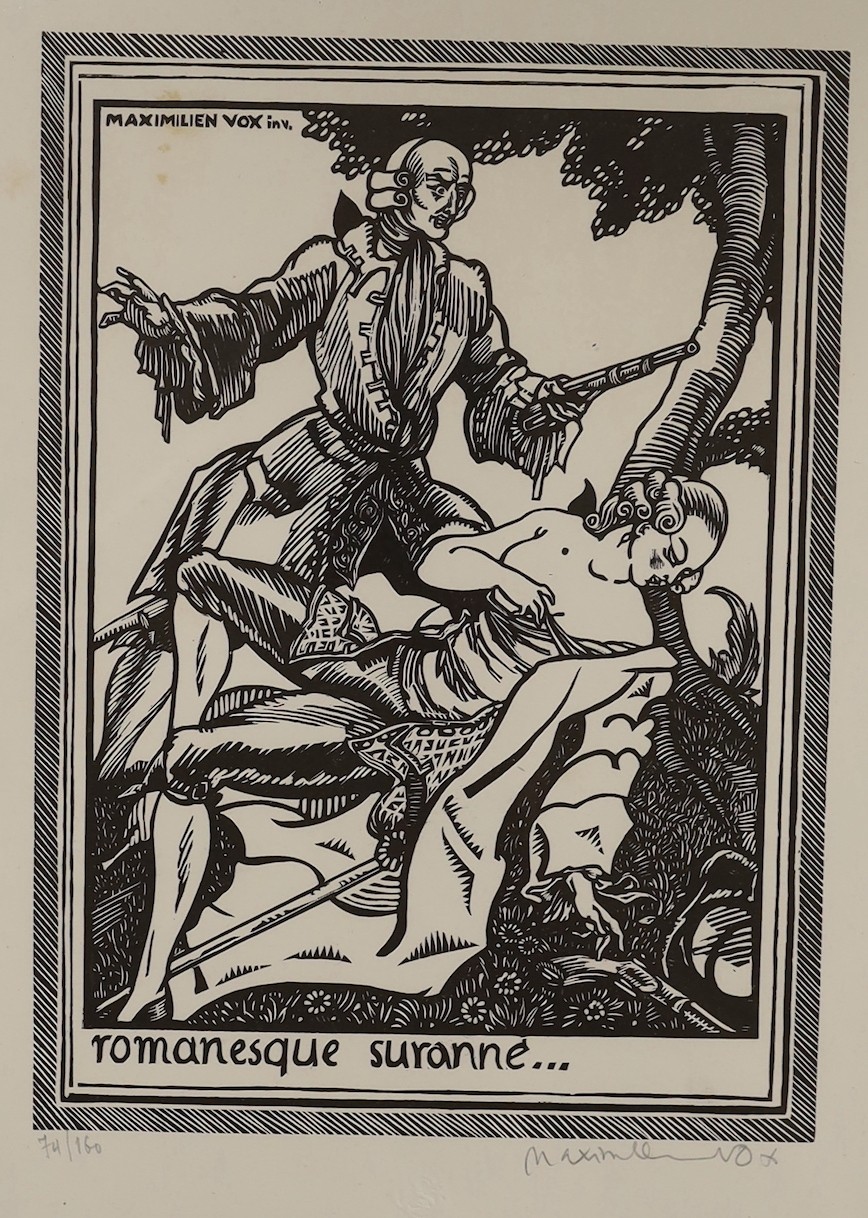 Hawkins after Wale, five engravings from Barnard's History of England, 34 x 20cm, Maximilien Vox (1894-1974), a woodblock print, Wayfare at Resting, 17 x 23cm, and a Masonic portrait of William Plows